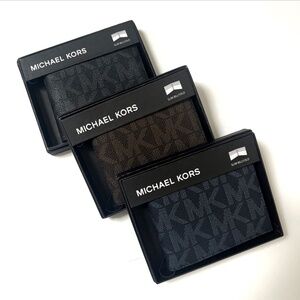 NWT 3pc MICHAEL KORS Slim Billfold Wallet Set Black Gray / Brown Navy Logo Boxed